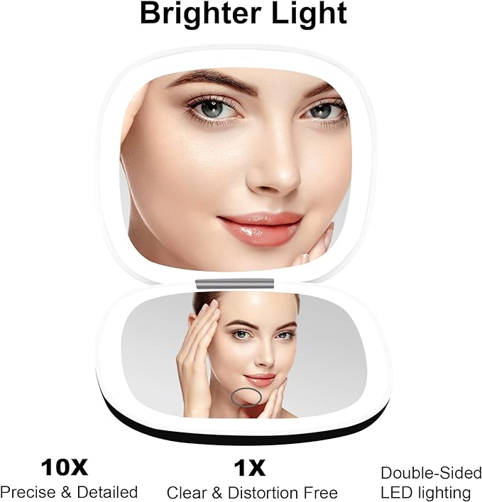 Travel LED Makeup Mirror with Rechargeable Battery, 3 Light Settings, 1x and 10x Magnifica