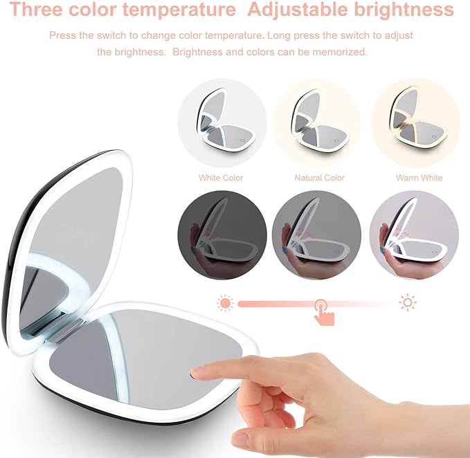 Travel LED Makeup Mirror with Rechargeable Battery, 3 Light Settings, 1x and 10x Magnifica